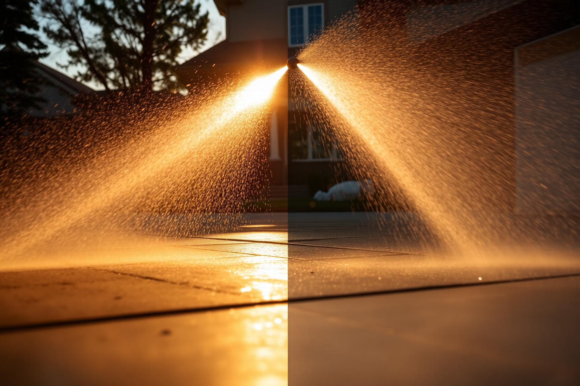High-pressure water spray cleaning a Calgary driveway